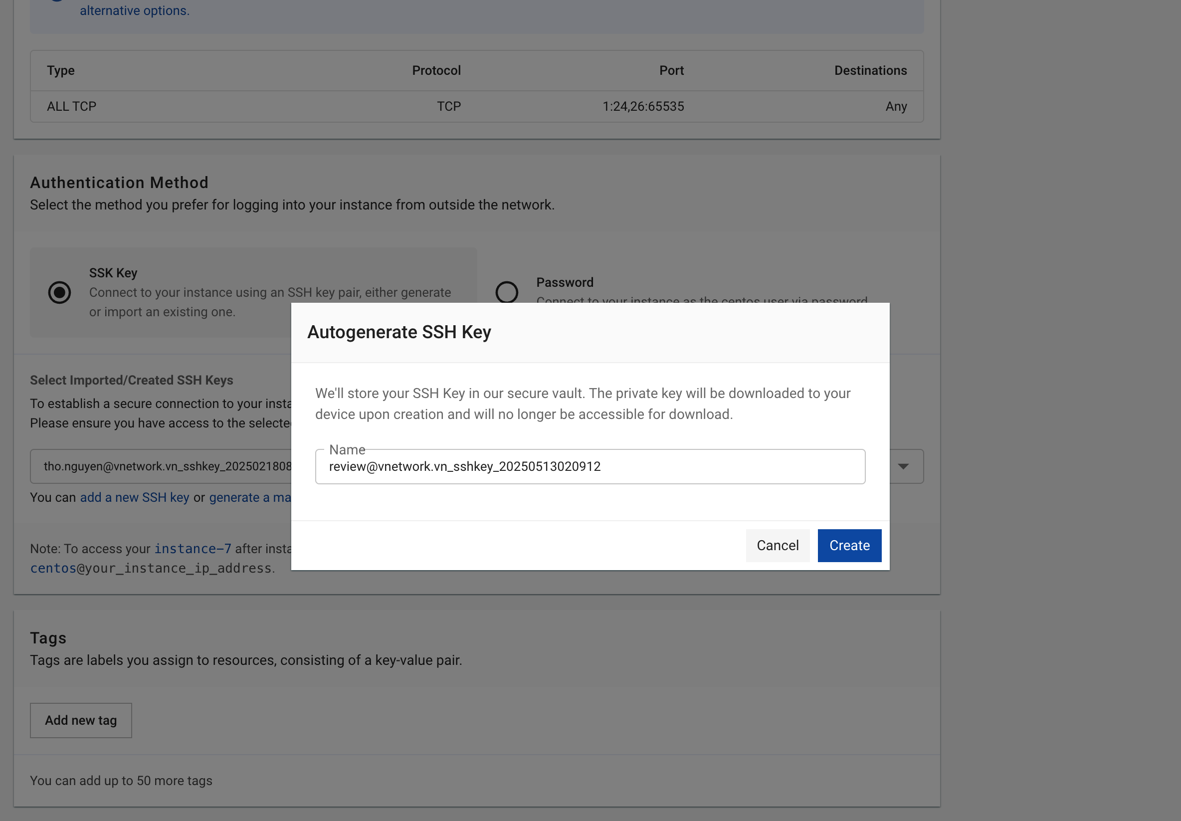 Figure needed: SSH Key management interface showing Import and Auto-Generate options