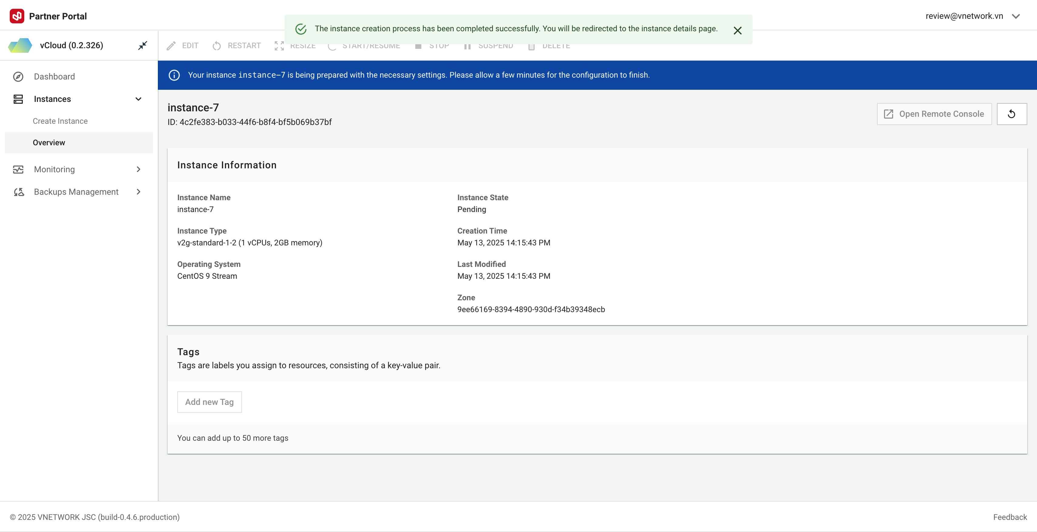 Figure needed: Instance dashboard showing newly created server with running status and connection details