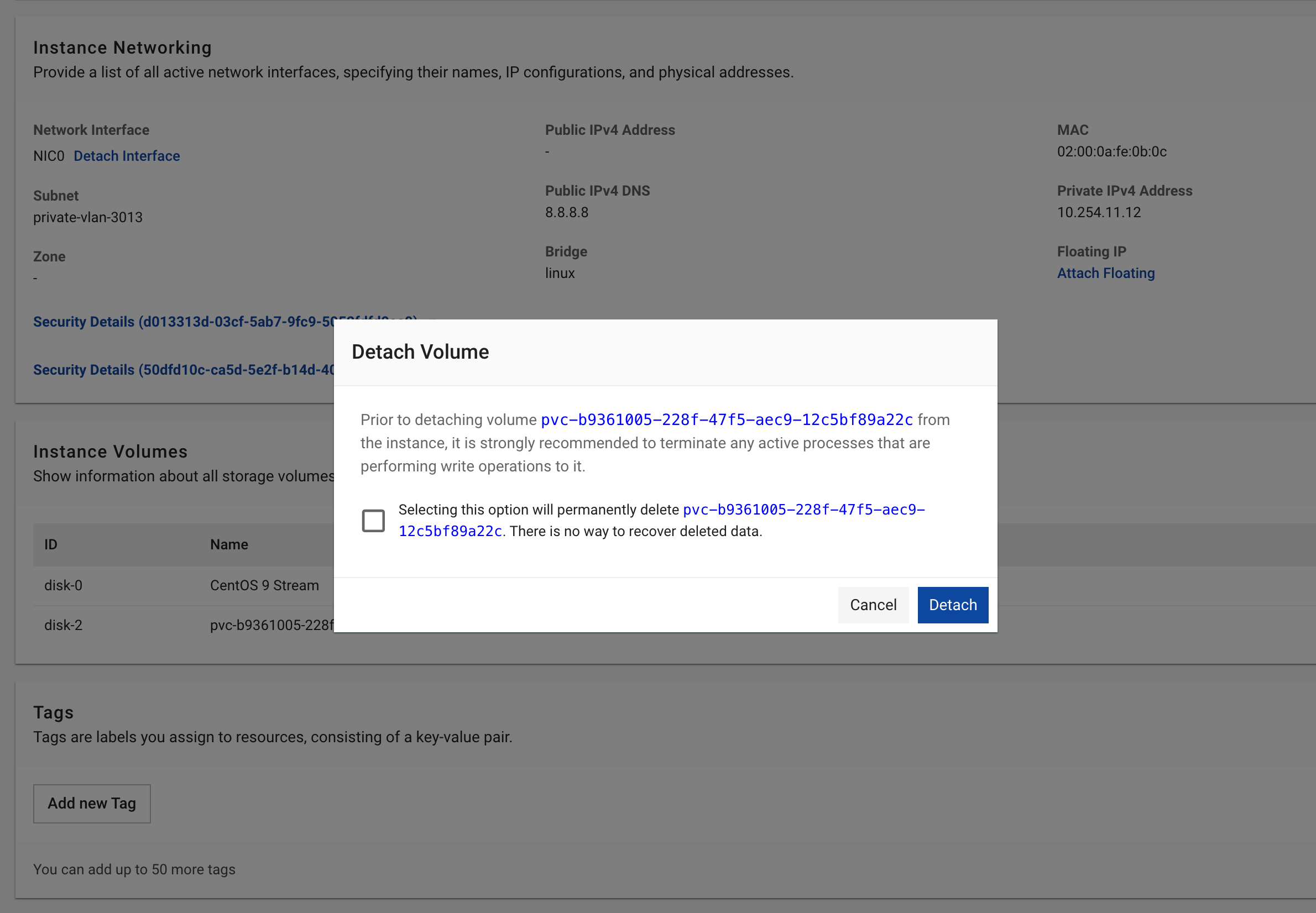 Figure needed: Detachment confirmation dialog with permanent deletion option