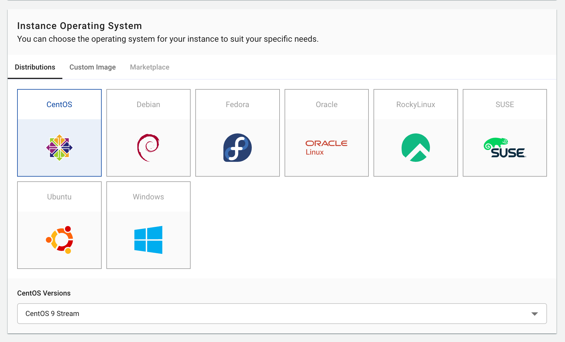 Figure needed: OS selection interface showing available distributions, versions, and marketplace templates