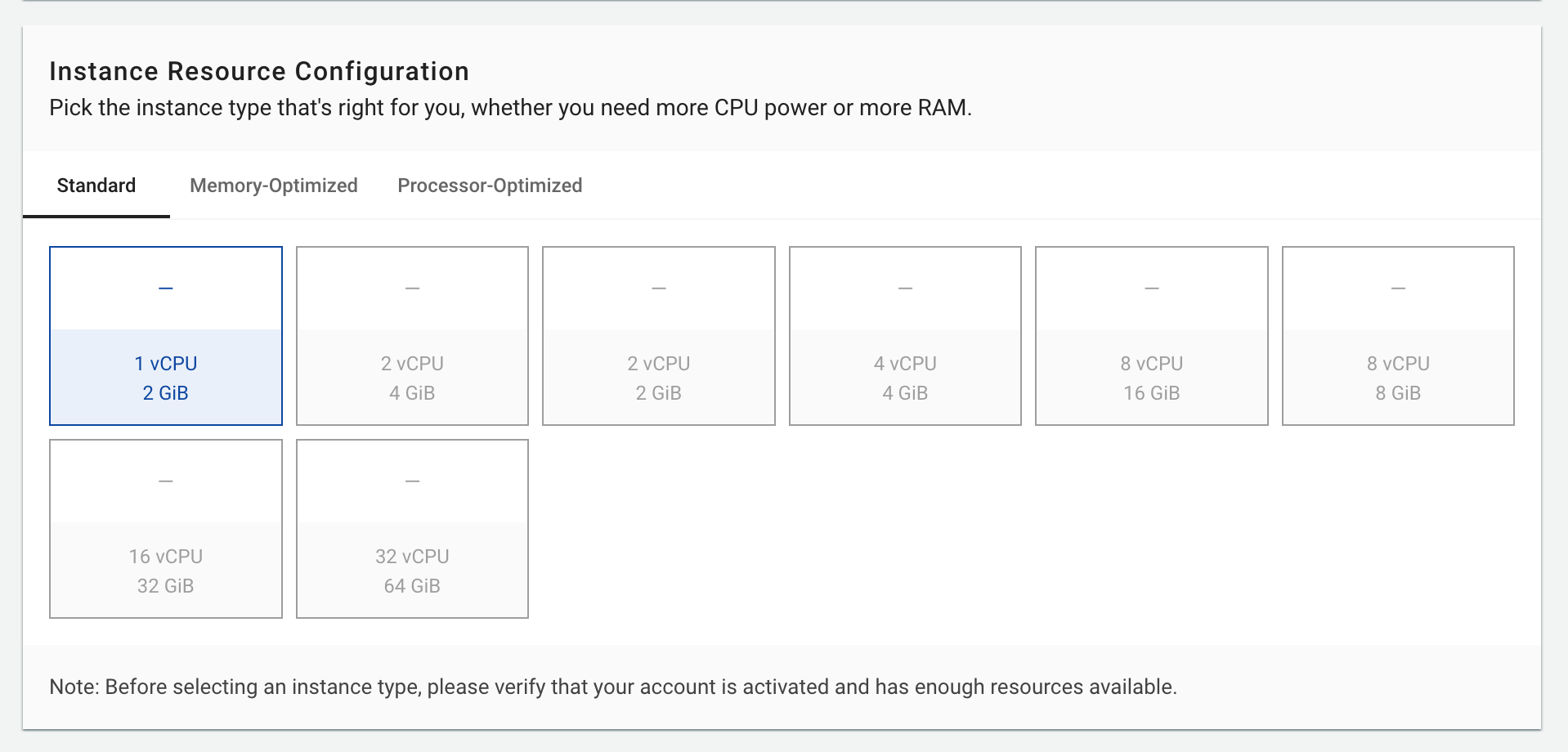 Figure needed: Resource configuration interface showing Standard, Memory-Optimized, and Processor-Optimized options with specifications