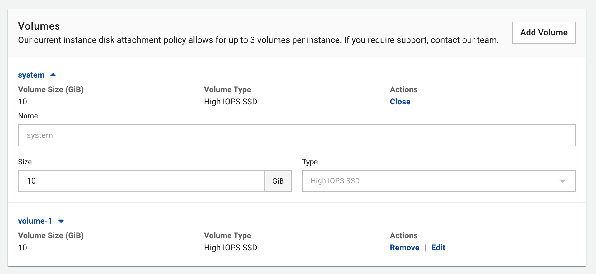 Figure needed: Volume configuration interface showing size input field, volume name field, and disk type options