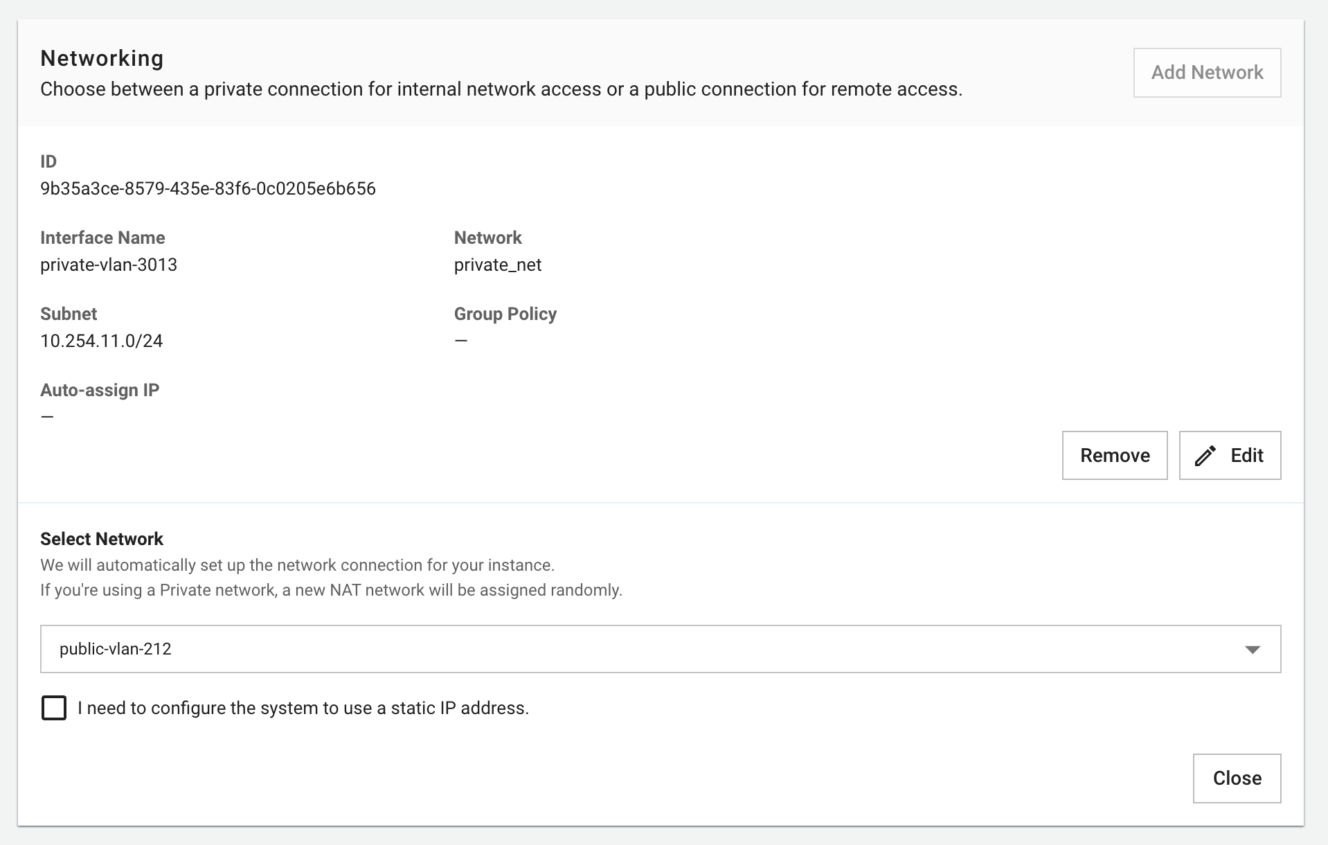 Figure needed: Network configuration interface showing Public Network and VPC Network options with IP assignment settings