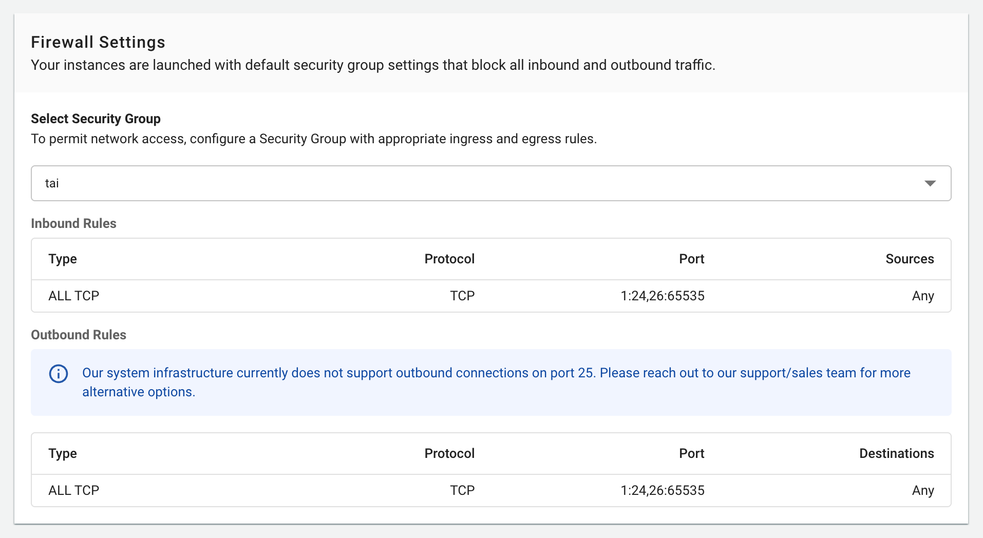 Figure needed: Firewall configuration interface showing Default and Custom security group options with port rules