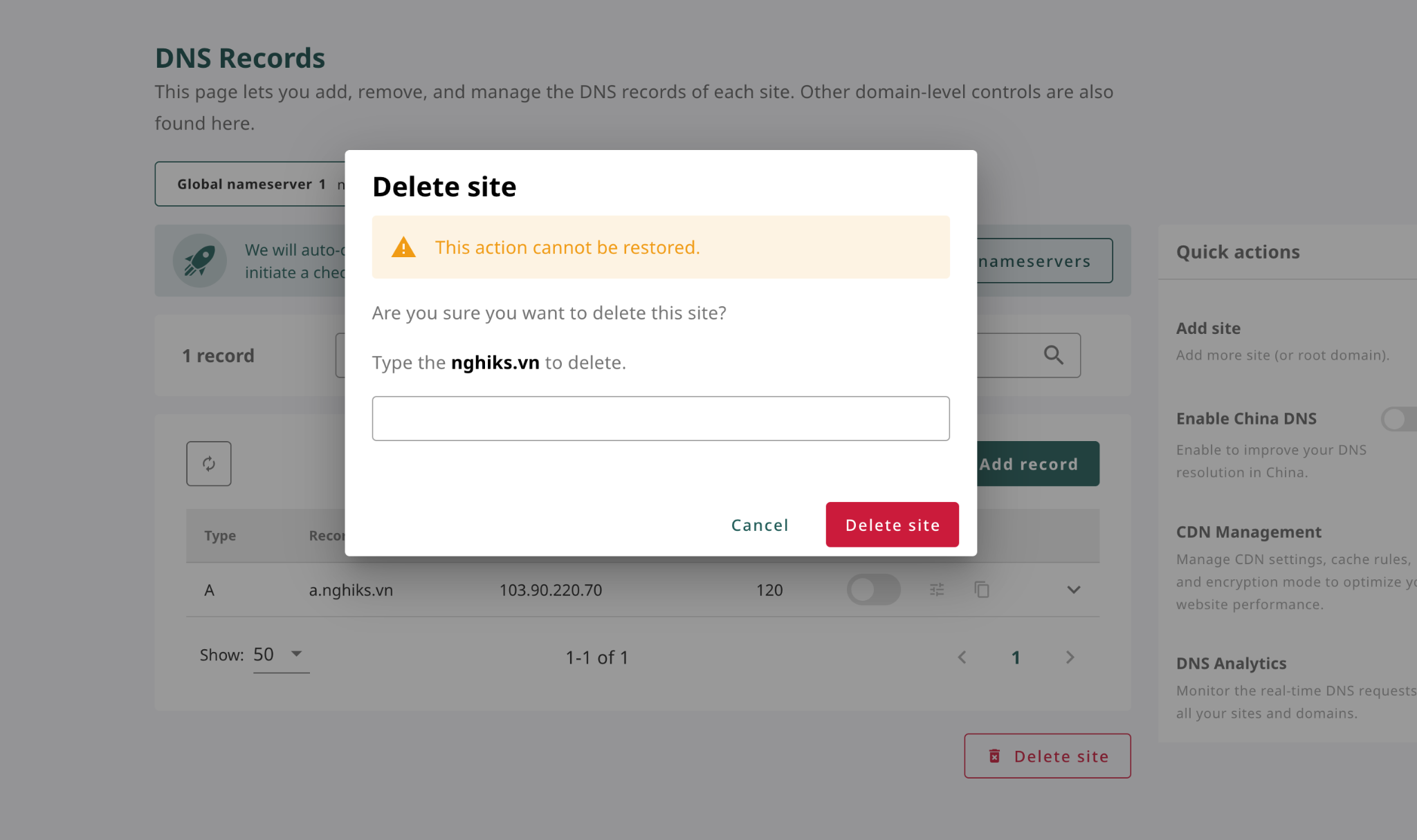 Delete site from system