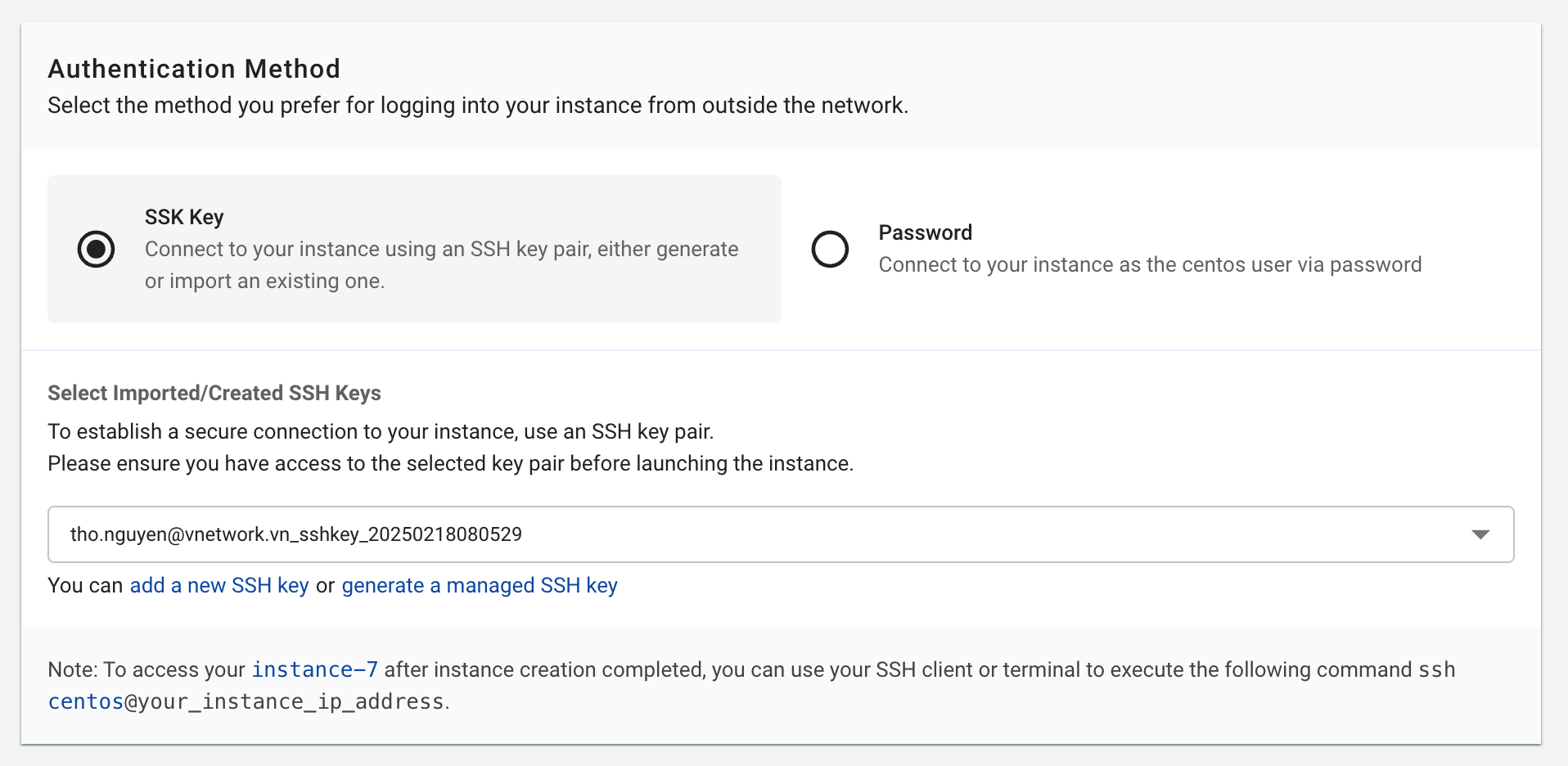 Figure needed: Authentication method selection interface showing SSH Key and Password options