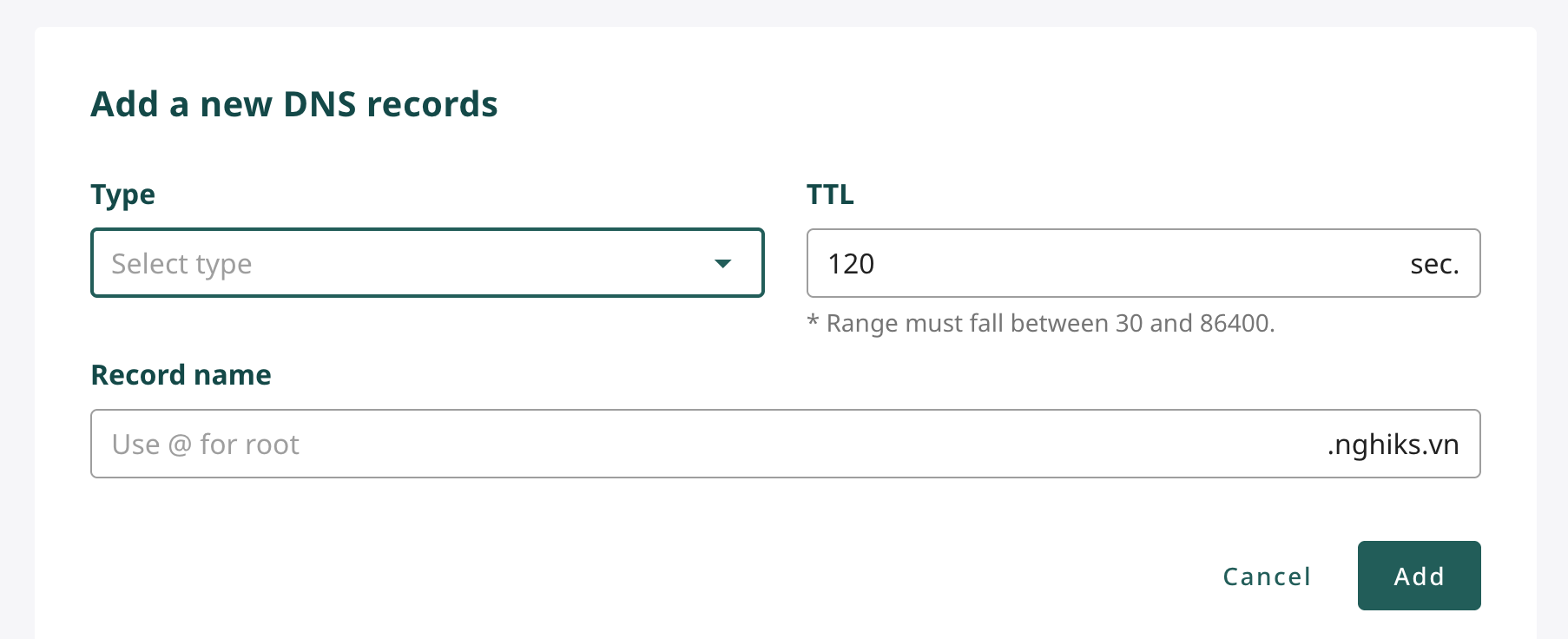DNS record addition interface