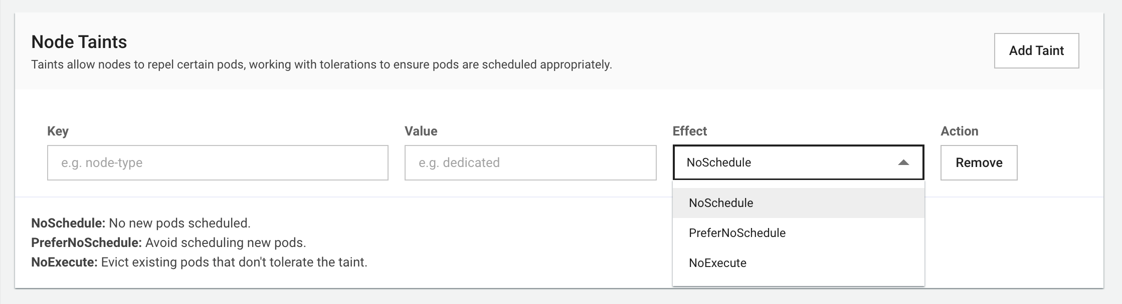 Node Taints Configuration