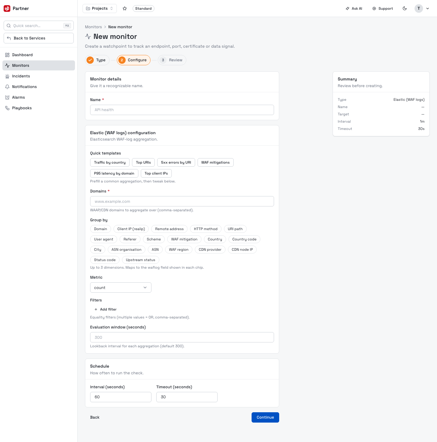 New monitor — Elastic (WAF logs) configuration