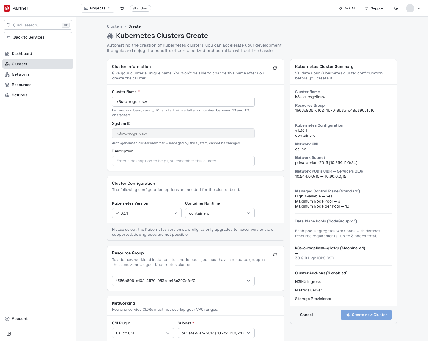 Create cluster — information, configuration & networking