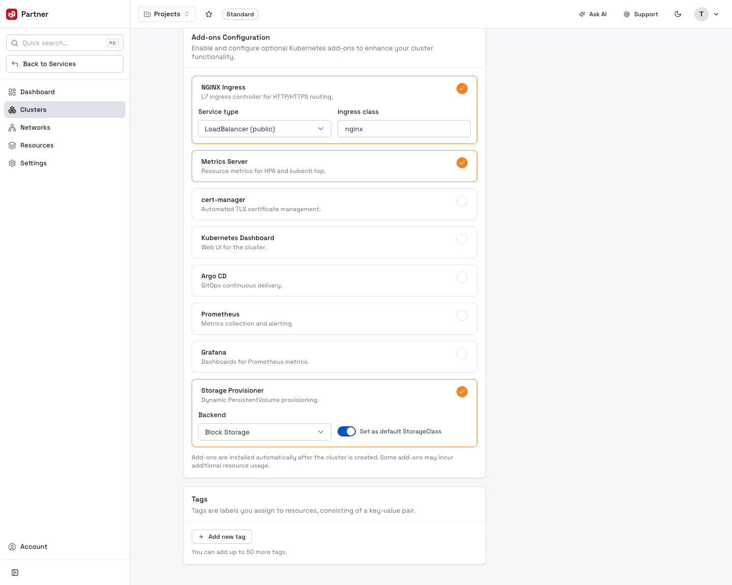 Create cluster — add-ons & tags