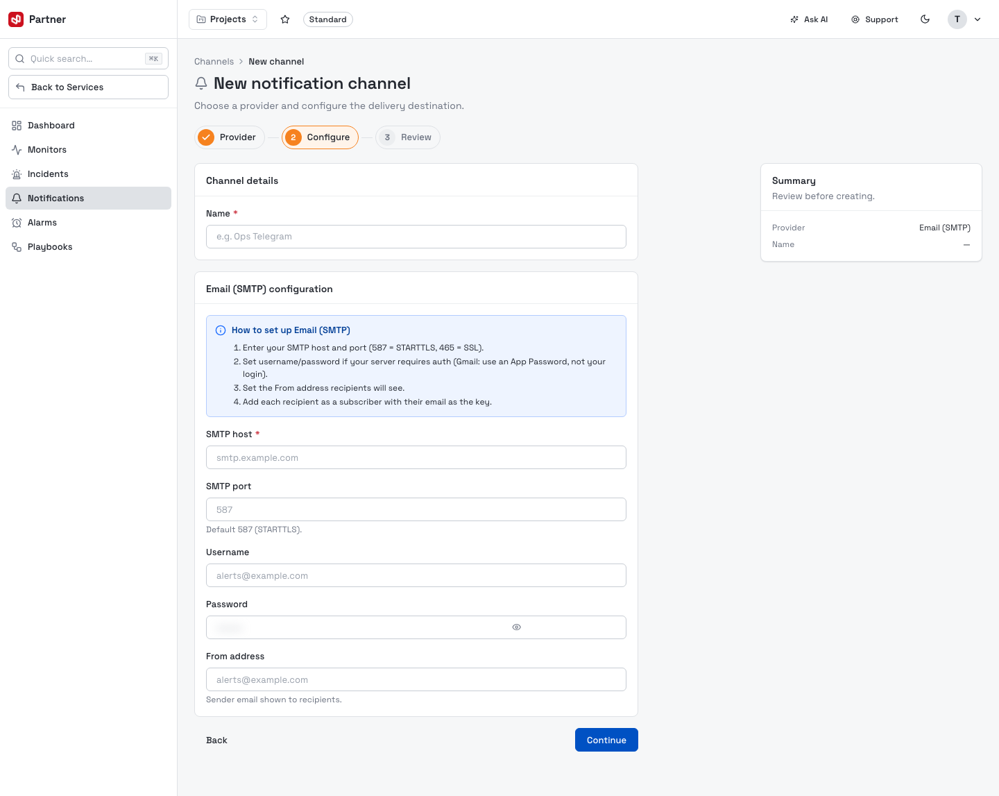 Email (SMTP) channel configuration