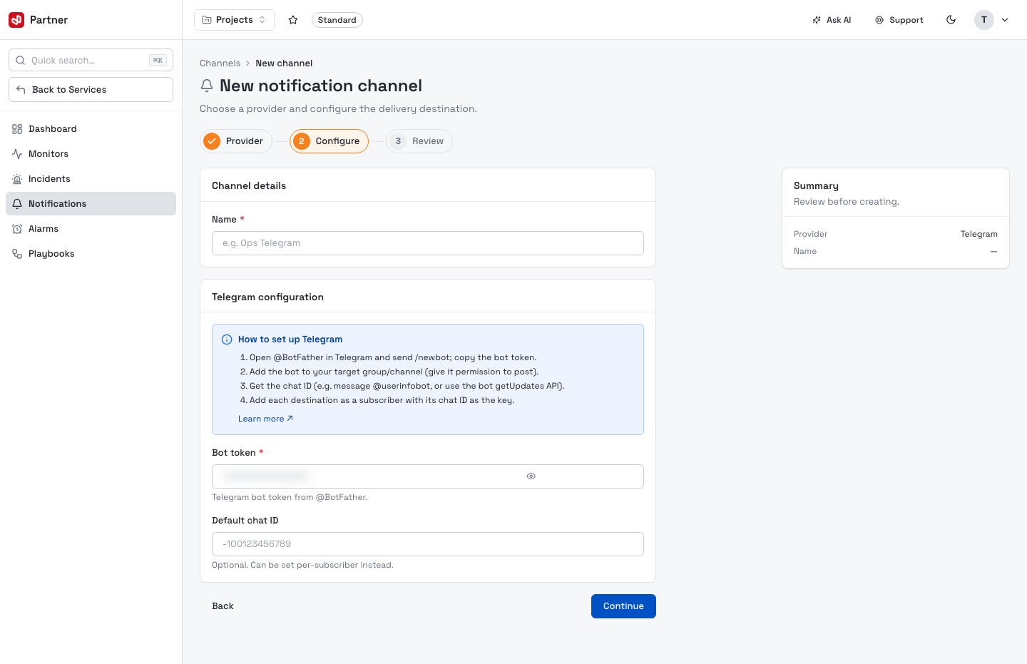 Telegram channel configuration