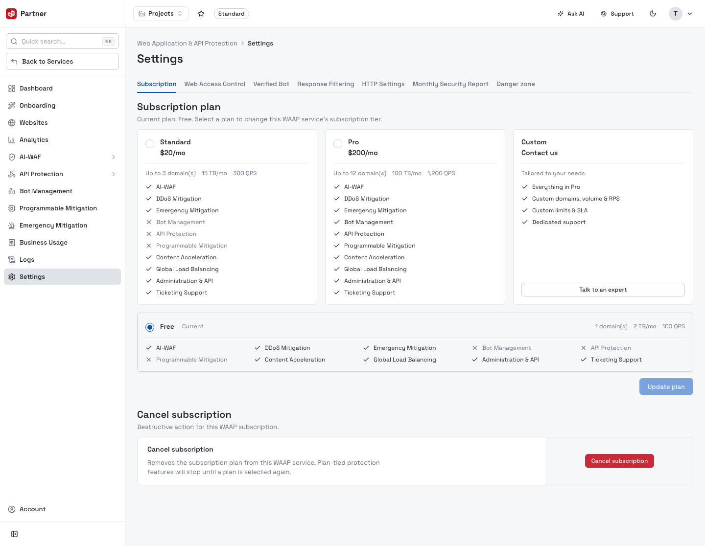 Settings — Subscription plans