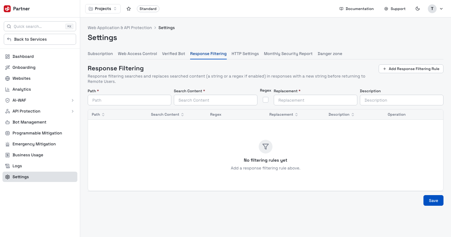 Settings — Response Filtering