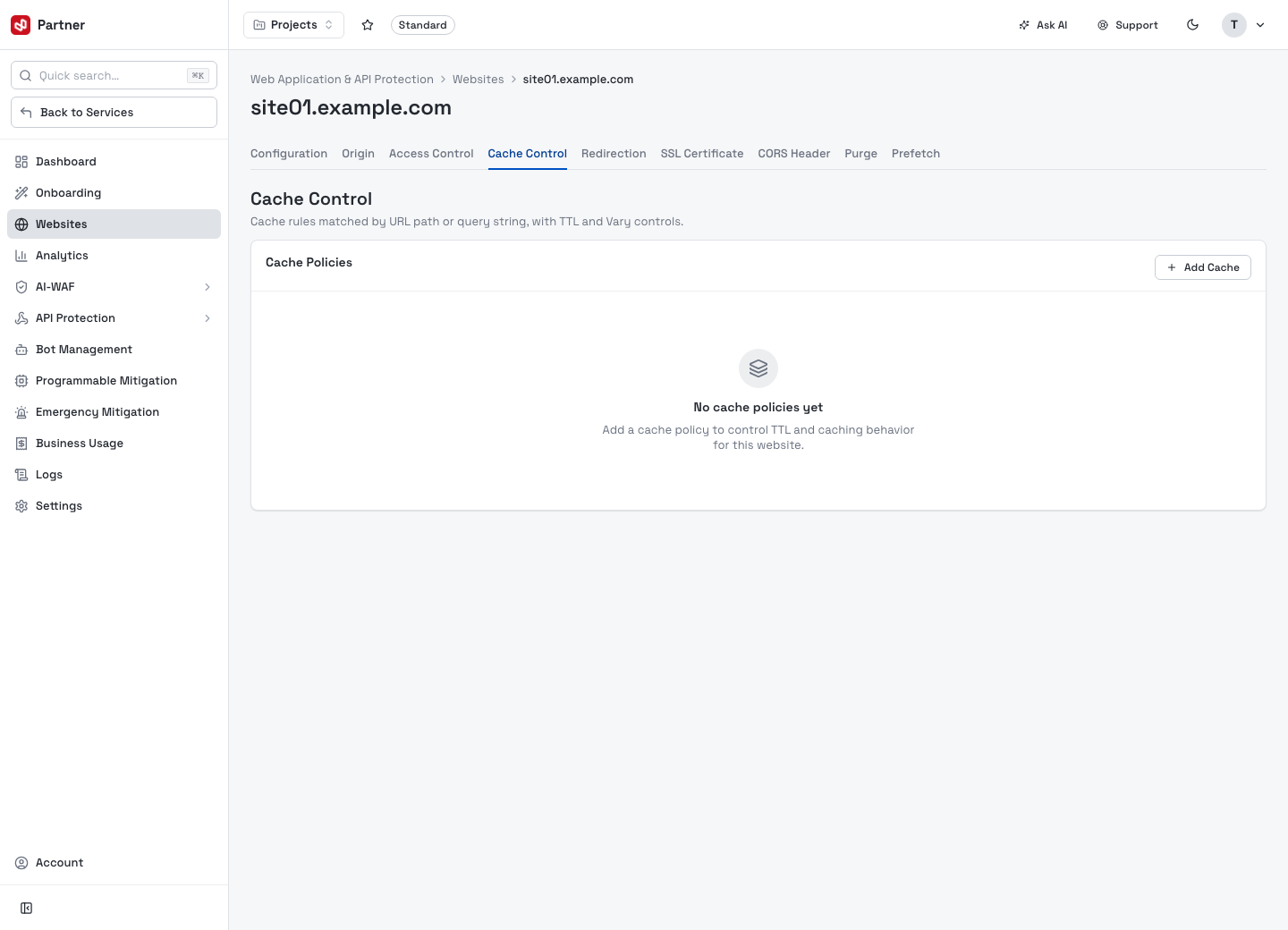 Website configuration — Cache Control
