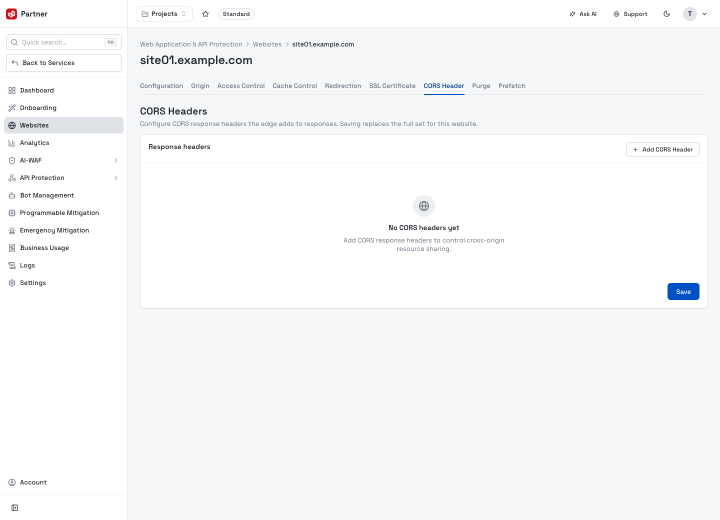 Website configuration — CORS Header