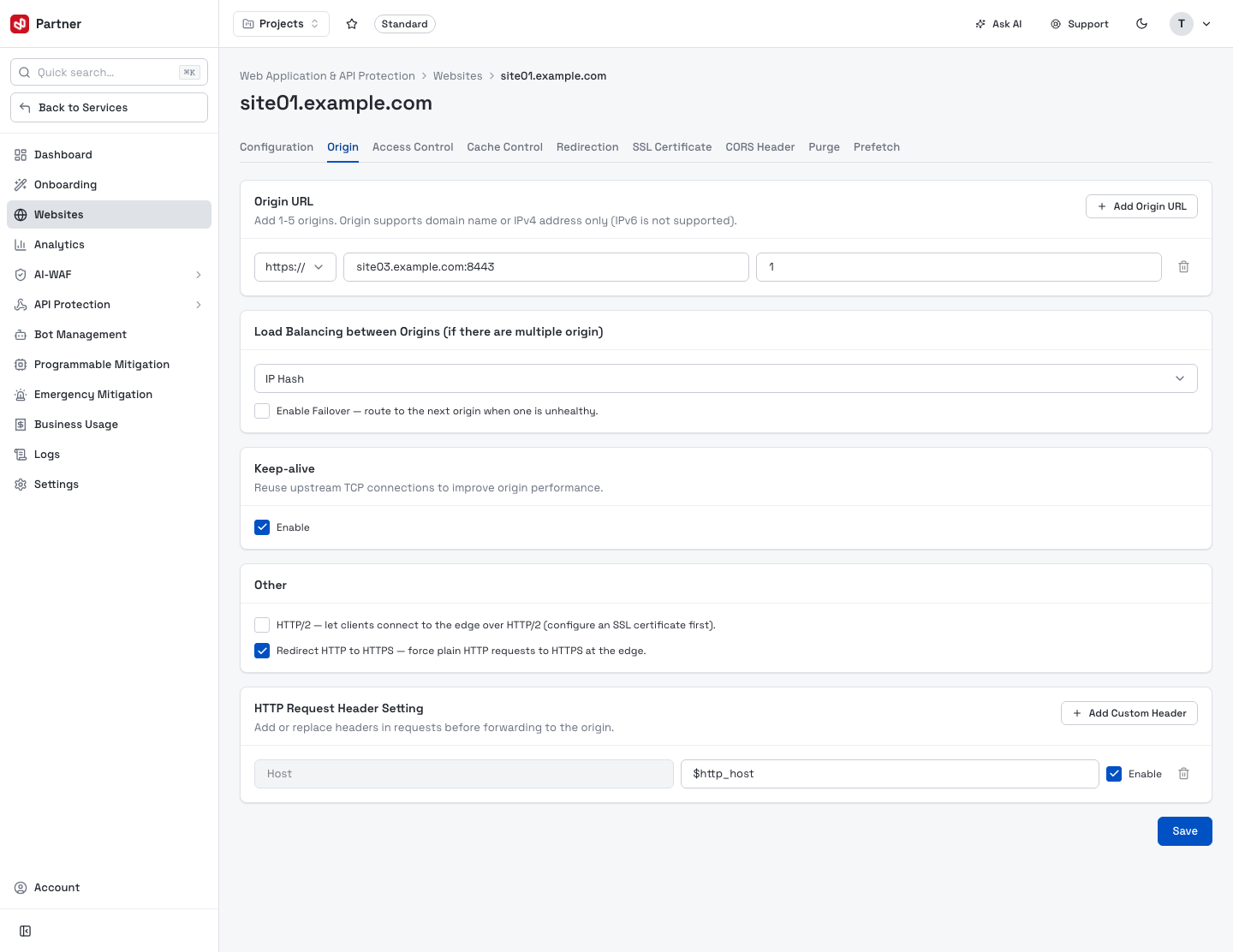Website configuration — Origin