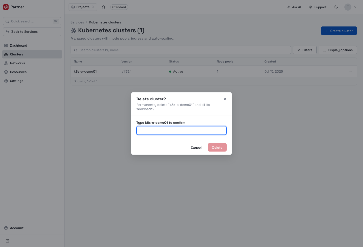 Delete cluster confirmation