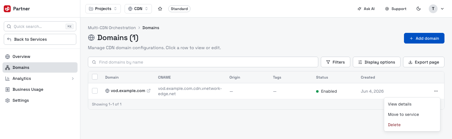 Domain row menu