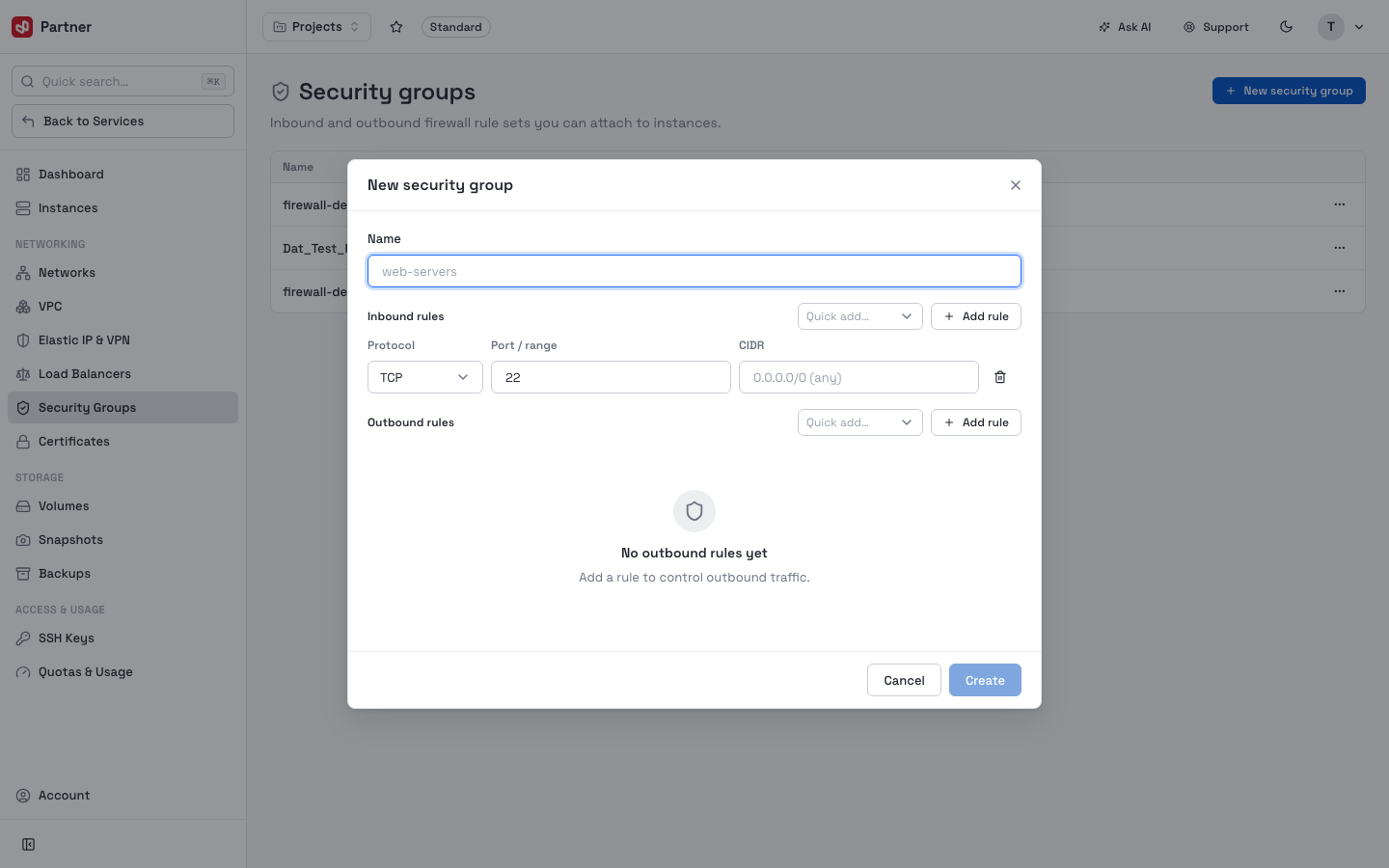 New security group dialog