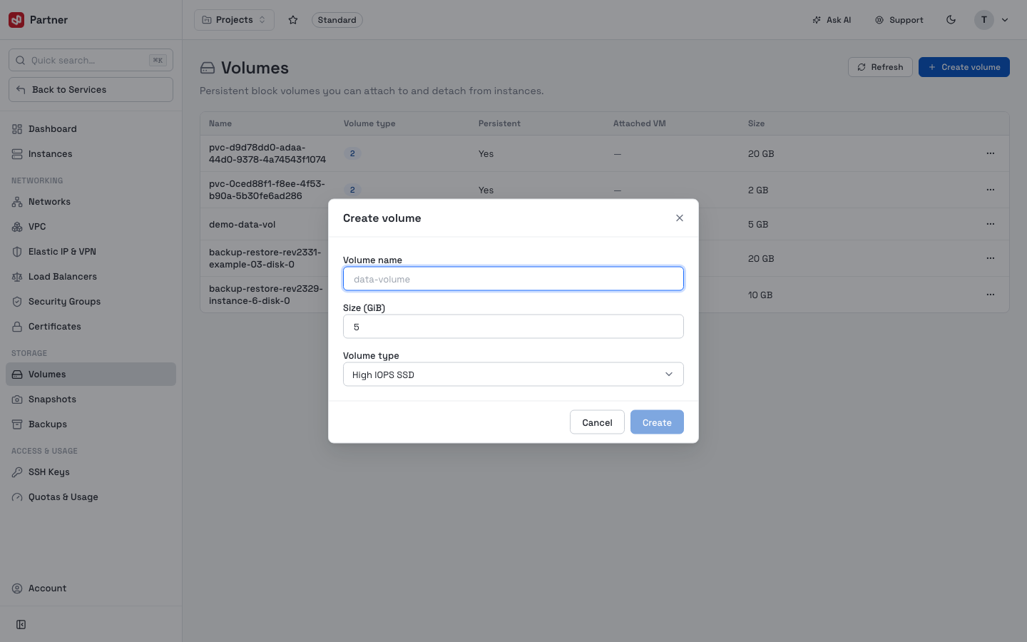 Create a volume dialog