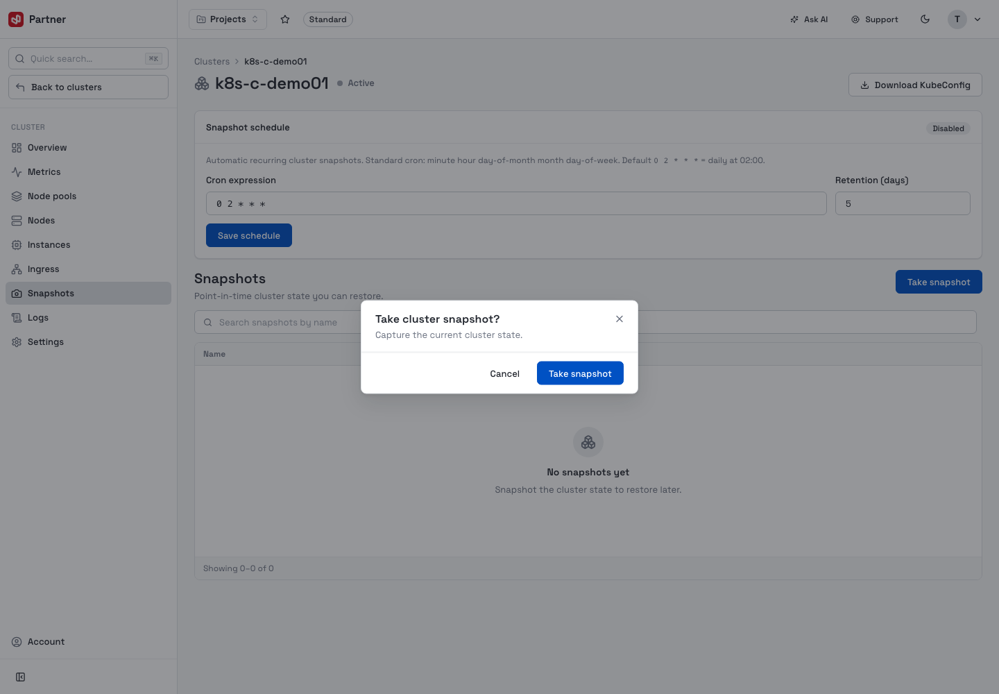 Take cluster snapshot