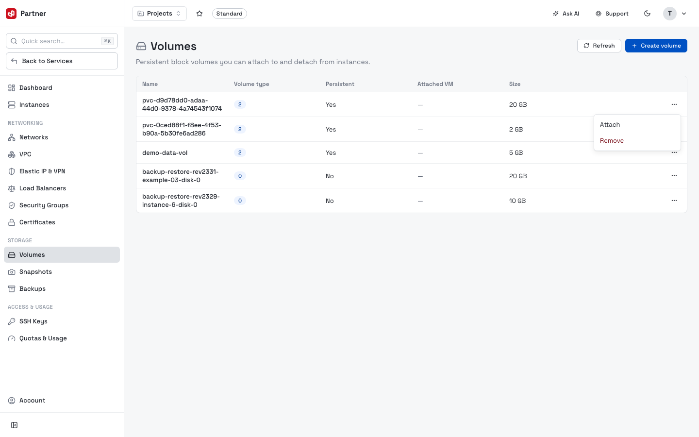 Volume row menu