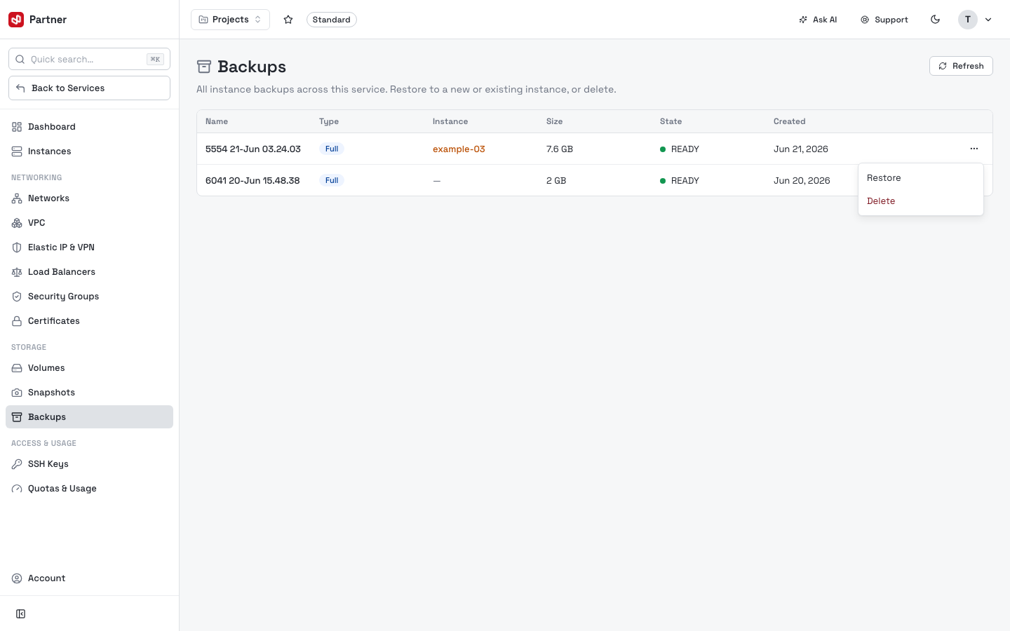 Backup row menu