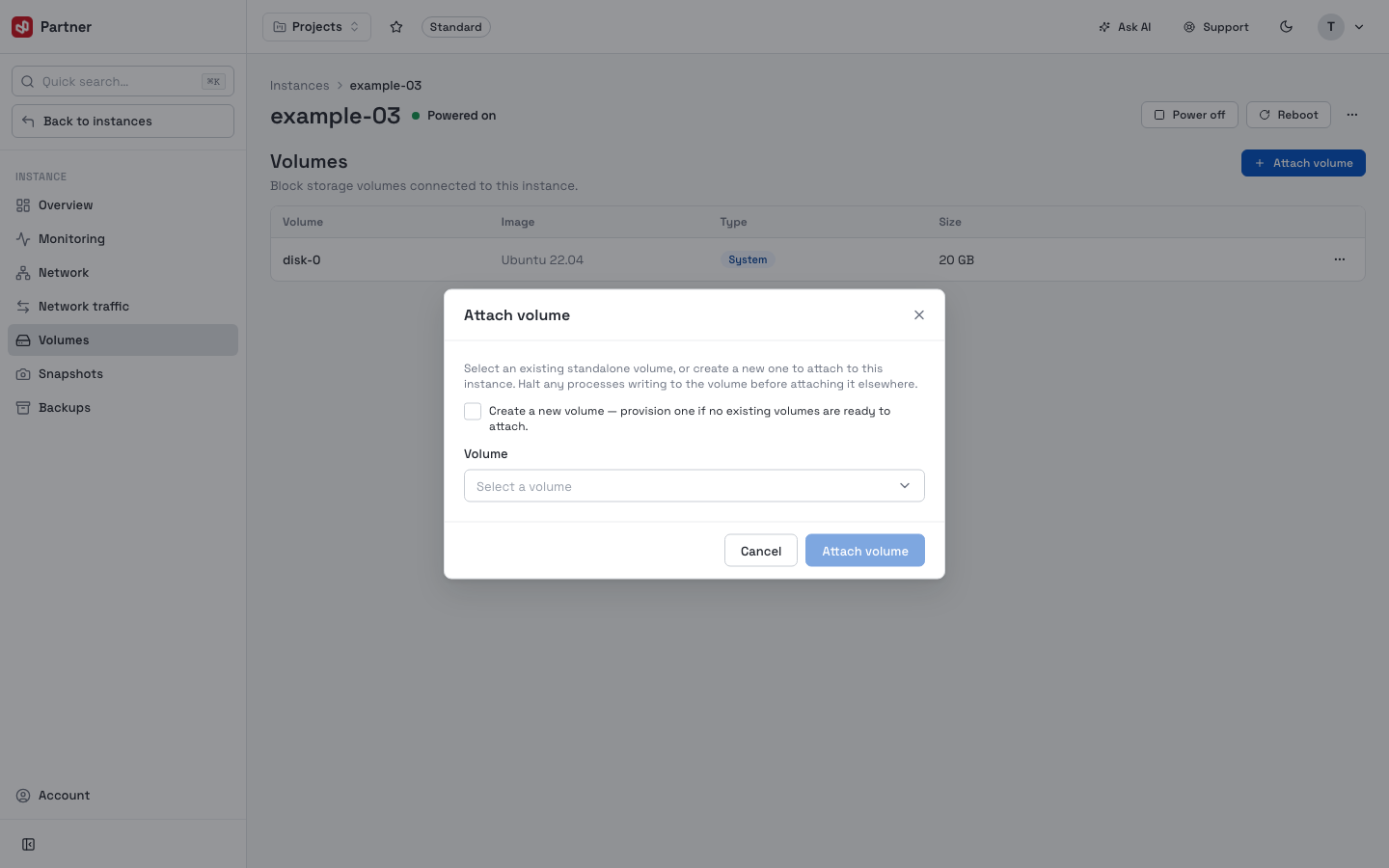 Attach volume dialog