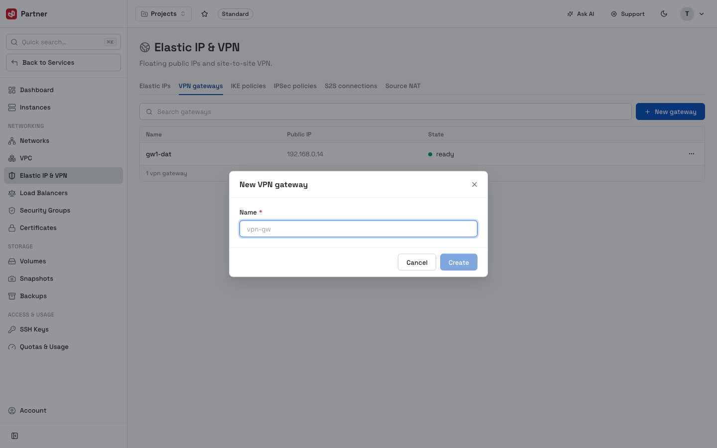 New VPN gateway dialog