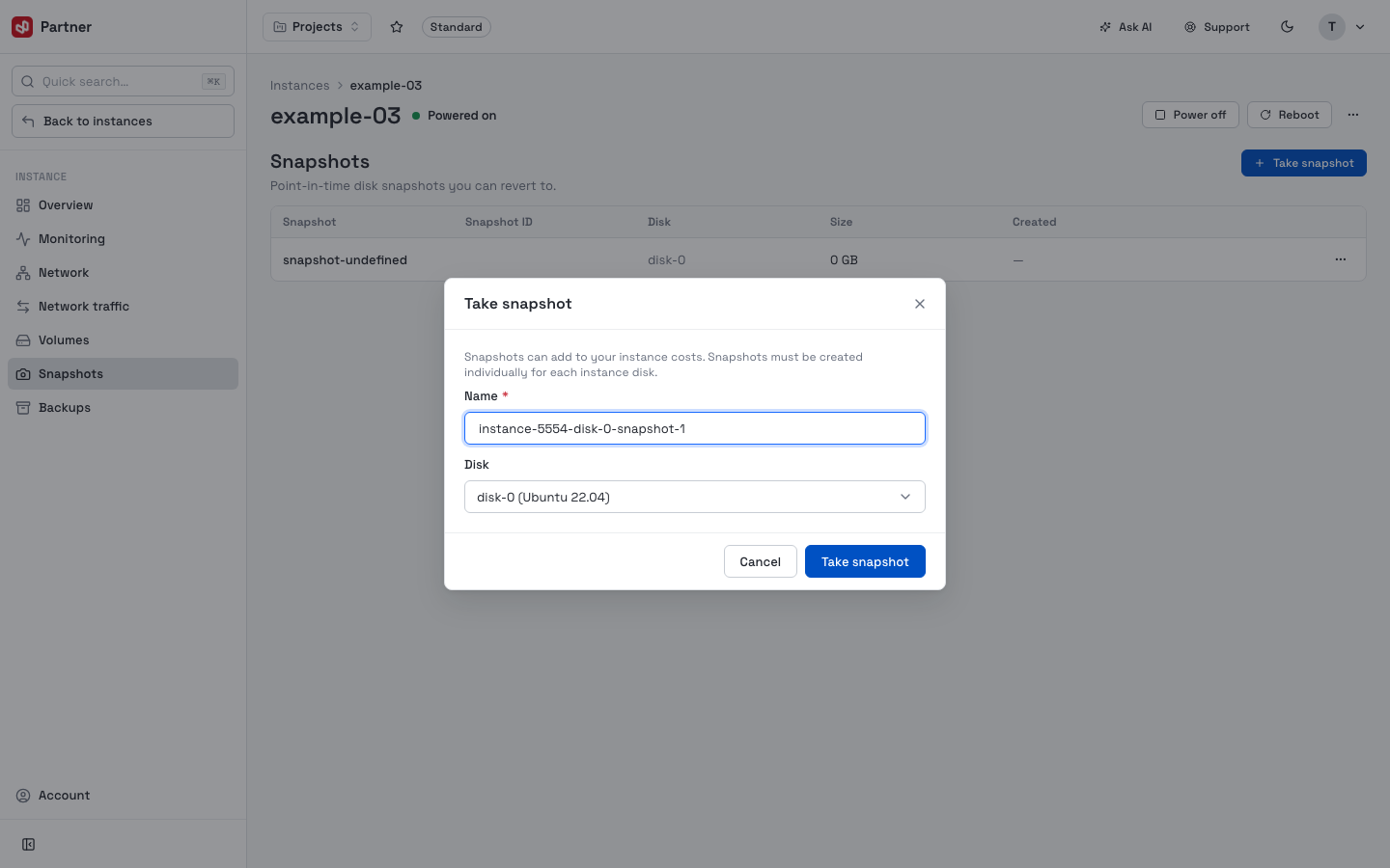 Take snapshot dialog