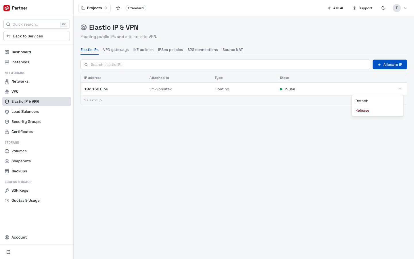 Elastic IP row menu