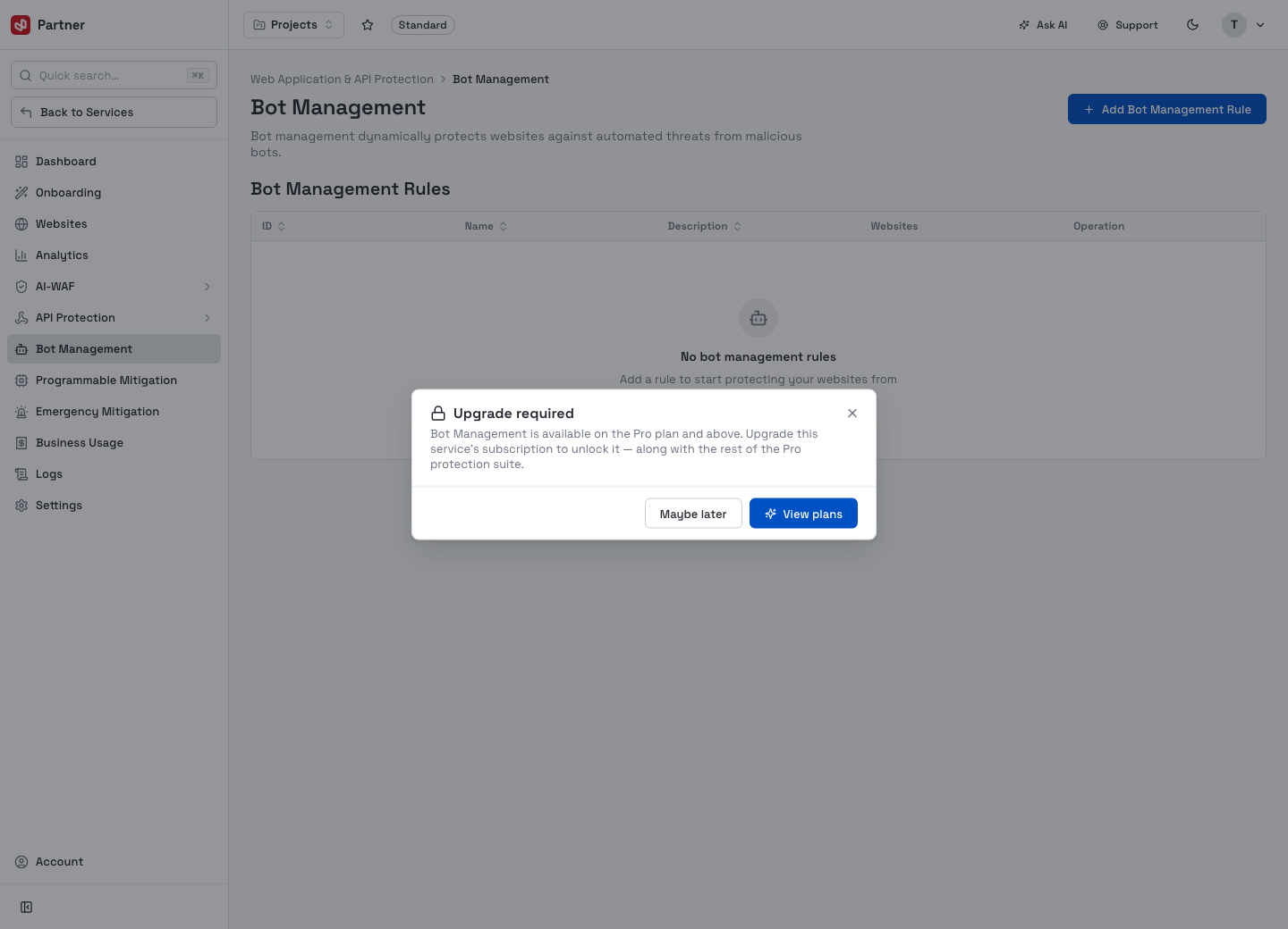 Bot Management — upgrade required