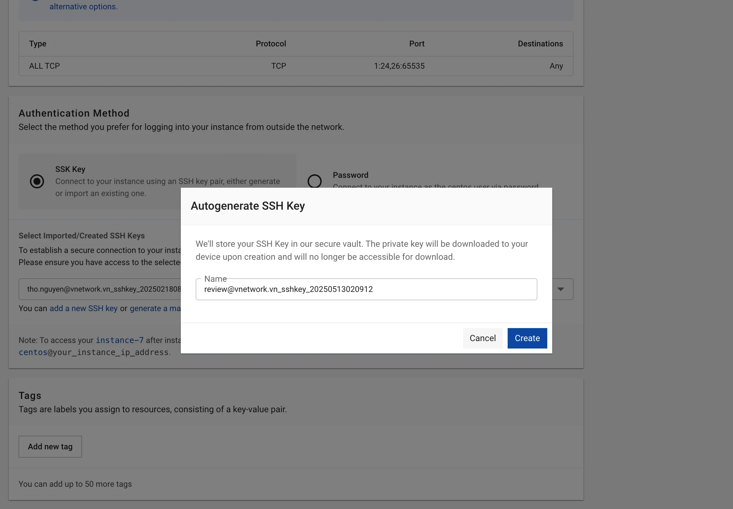 Figure needed: SSH Key management interface showing Import and Auto-Generate options