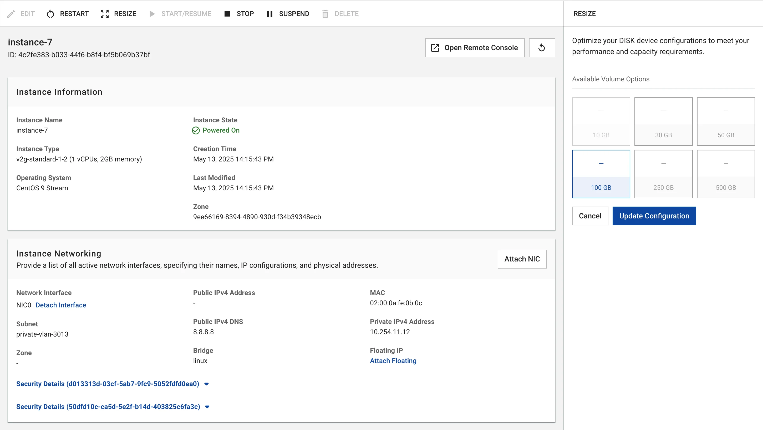 Figure needed: Volume resize interface showing current and new size options
