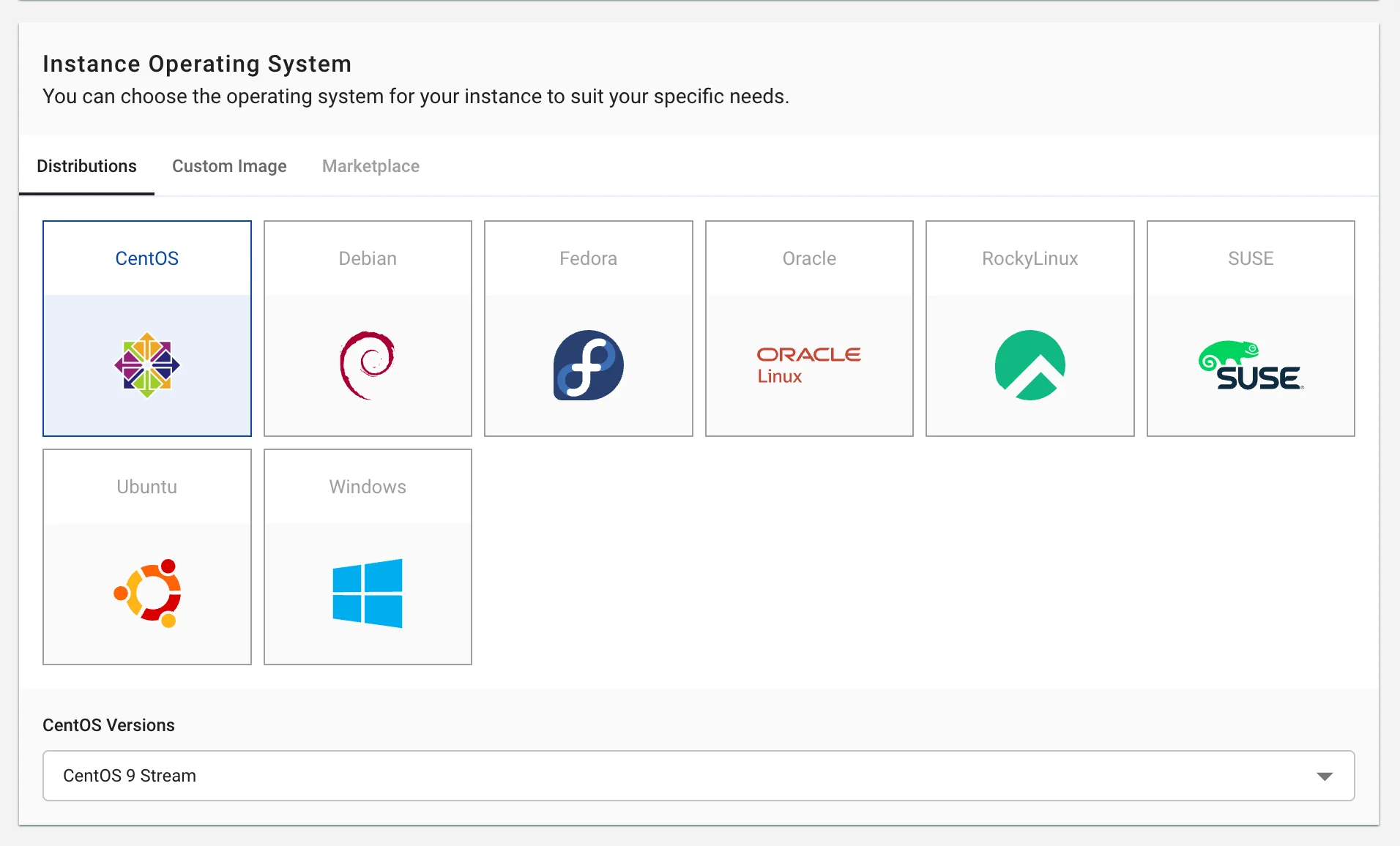 Figure needed: OS selection interface showing available distributions, versions, and marketplace templates
