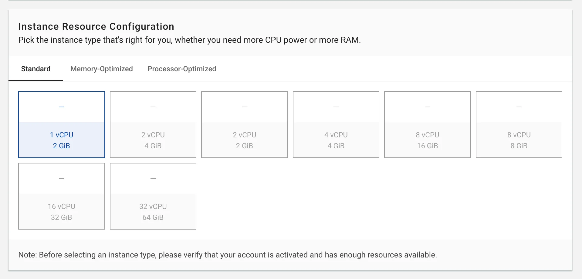 Figure needed: Resource configuration interface showing Standard, Memory-Optimized, and Processor-Optimized options with specifications