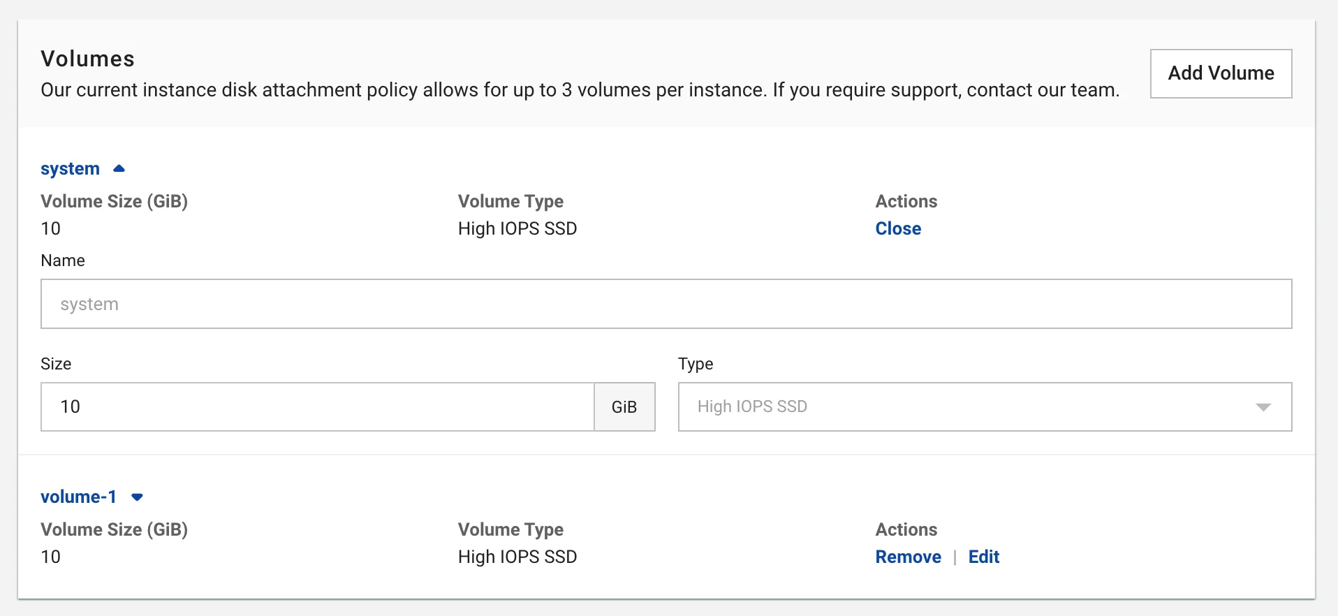 Figure needed: Volume configuration interface showing size input field, volume name field, and disk type options