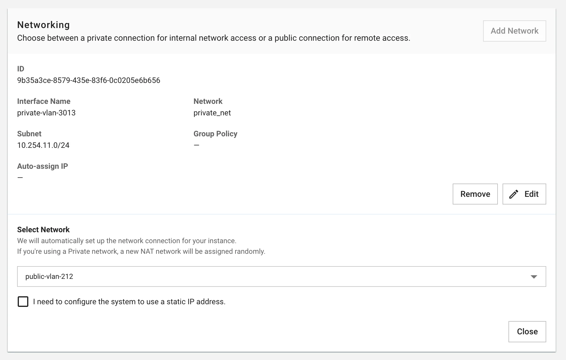 Figure needed: Network configuration interface showing Public Network and VPC Network options with IP assignment settings