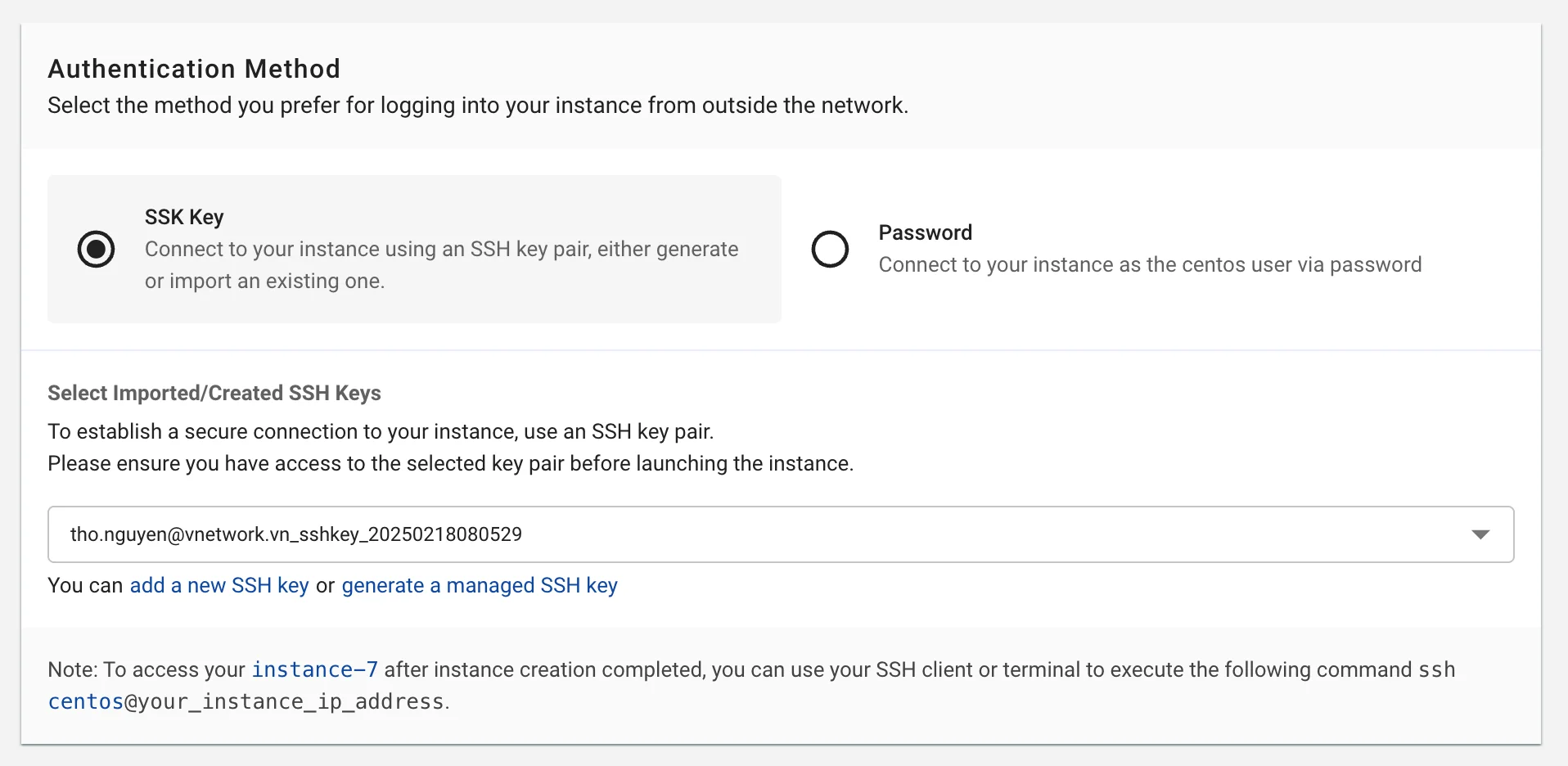 Figure needed: Authentication method selection interface showing SSH Key and Password options