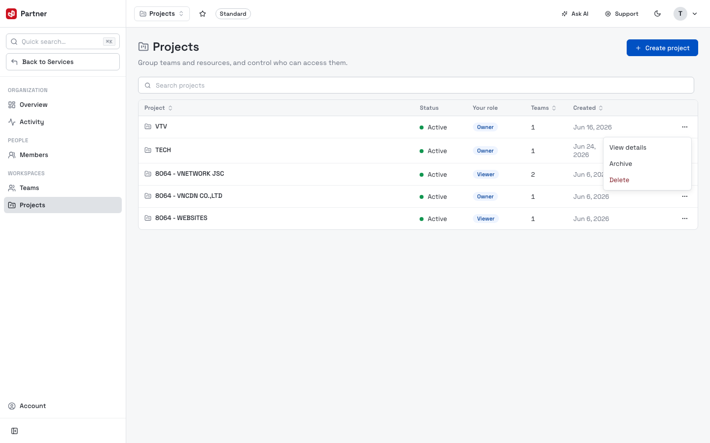 Project row menu