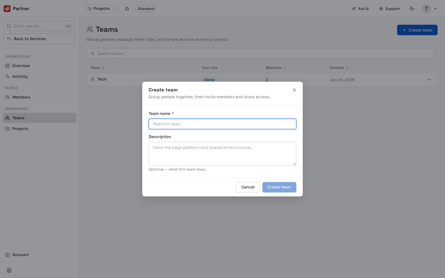 Create team dialog